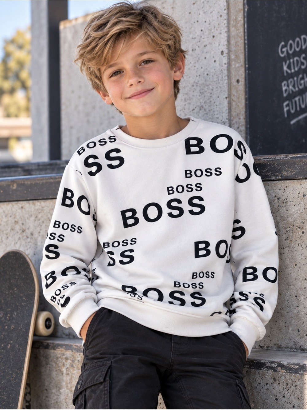 BOSS Hugo Boss Kids White All Over Logo Print Crewneck Sweatshirt